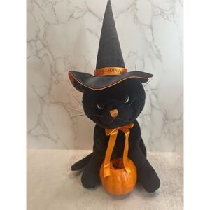 GODIVA CHOCOLATE BLACK CAT PLUSH HALLOWEEN WITCH HAT "PAPER MACHE" PUMPKIN 12"
